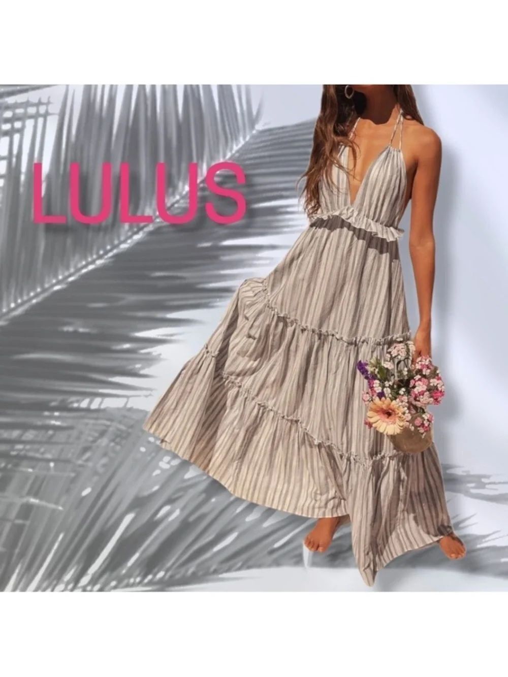 NWT LULUS Vacay Babe Grey Striped Halter Maxi Dress S
